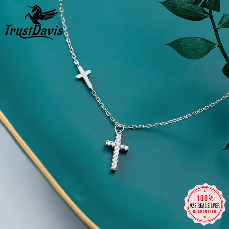 

TrustDavis Real 925 Sterling Silver Fashion Cross Shiny CZ Pendant Clavicle Necklace For Women Wedding Party S925 Jewelry DA1529