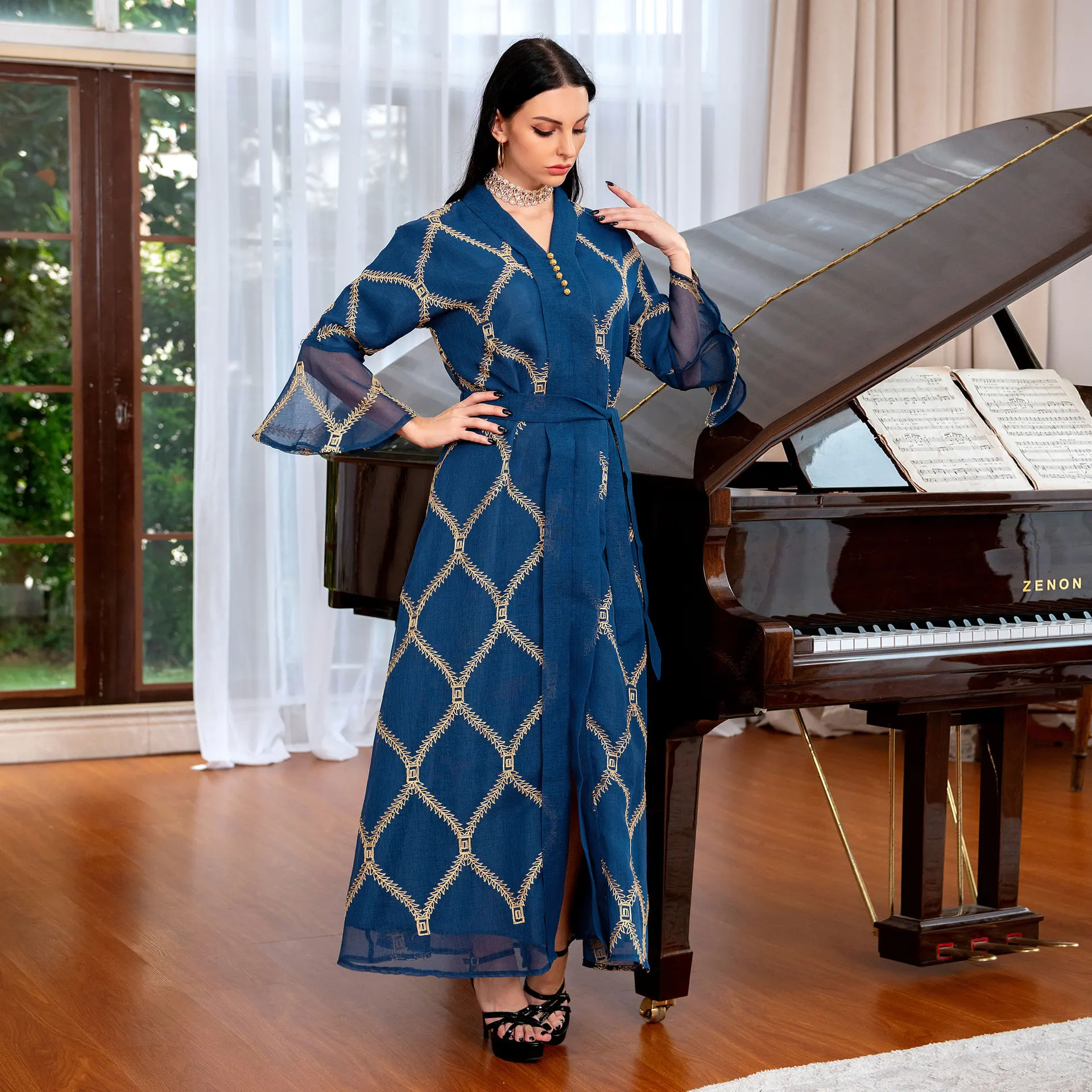 Eid Abaya Turkey Muslim Dress Women Mesh Embroidery Dubai Evening Dresses Jalabiya Moroccan Kaftan Islamic Clothing Arabic Oman