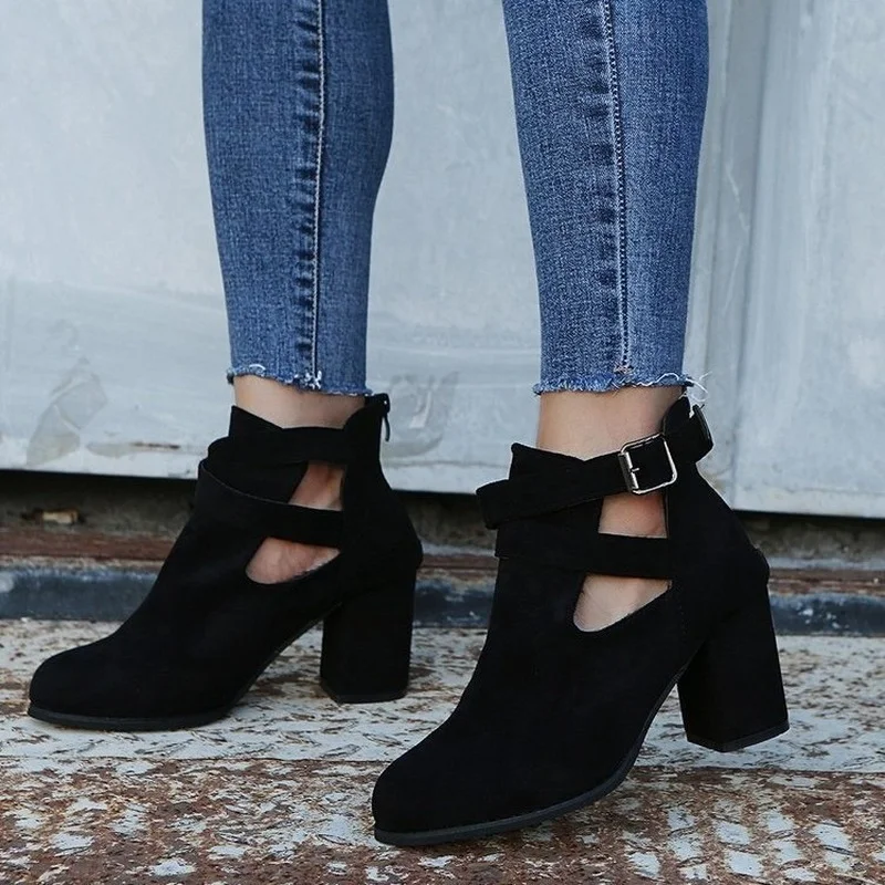 

Женские замшевые сапоги на молнии сзади, короткие сапоги большого размера на толстом высоком каблуке, с ремешком и пряжкой, 2022