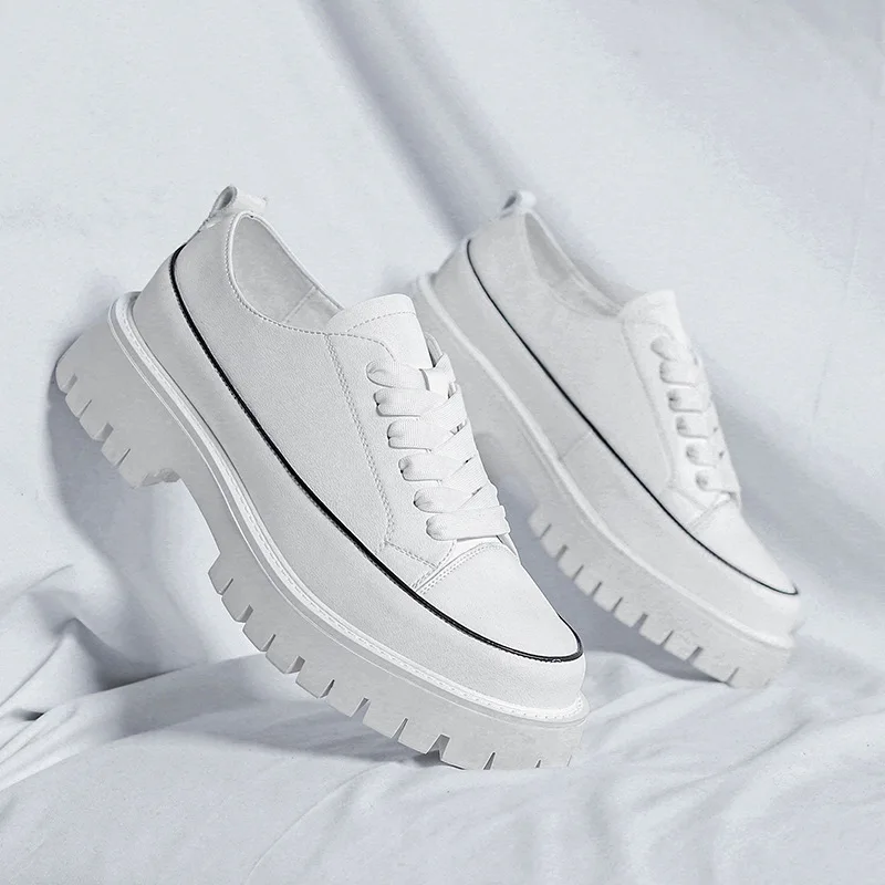 

Мужские туфли на платформе в Корейском стиле, черные, белые туфли на шнуровке, дышащие Оригинальные кожаные кроссовки, обувь для молодежи