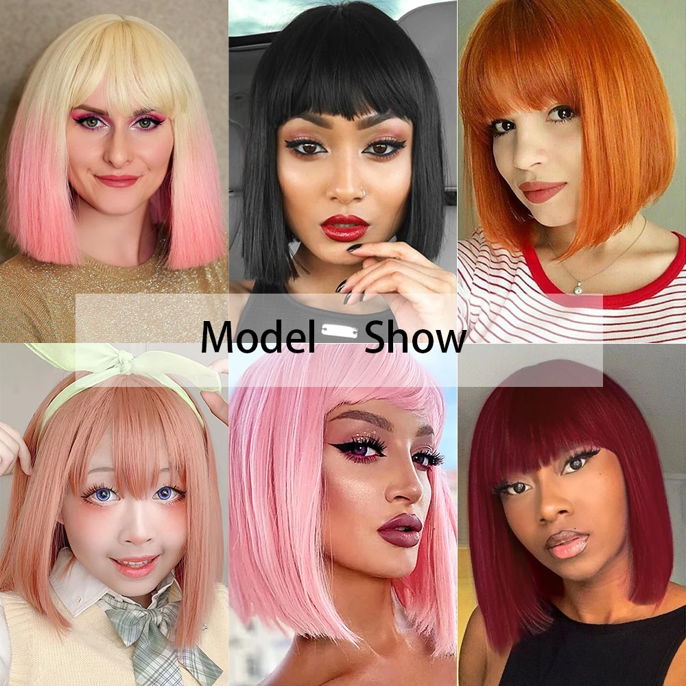 WERD Short Orange Straight Bob Wig Synthetic Wigs For Women With Bangs Daily Cosplay Hair Heat Resistant