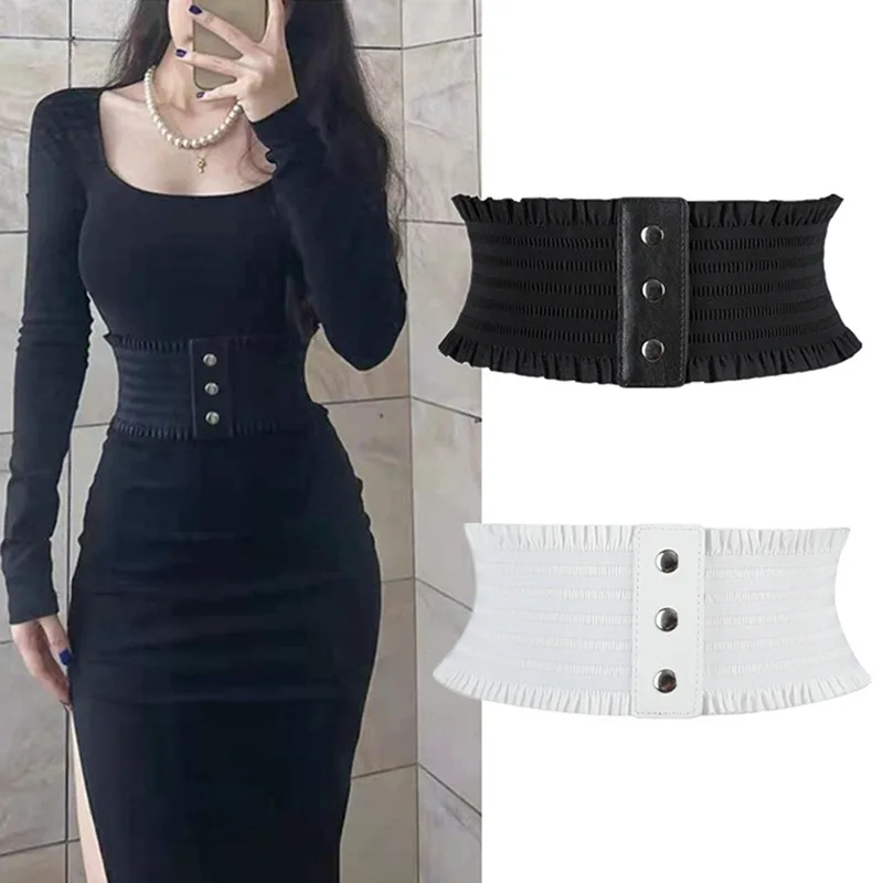 

2022 New Women'S Black Elastic Wide Waistband Pu Leather Cummerbund Ladies Designer Overcoat Belt For Women