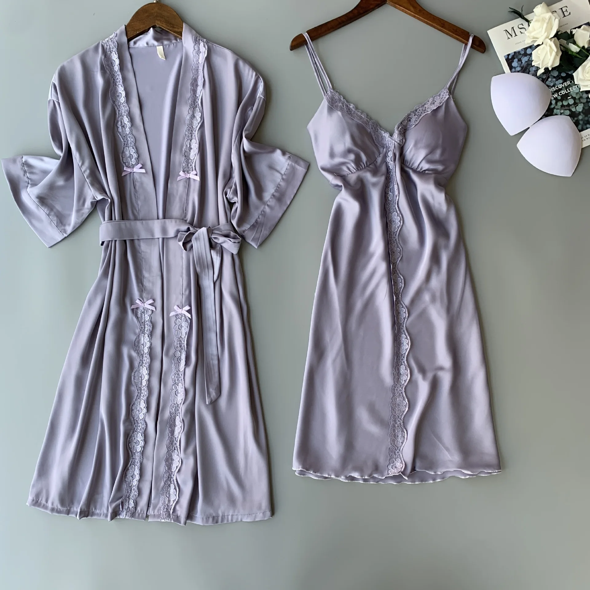 New Sexy Sling Pajamas Women's Nightgown With Chest Pad Ice Silk Short-sleeved Pajamas Two-piece Suit Home Service