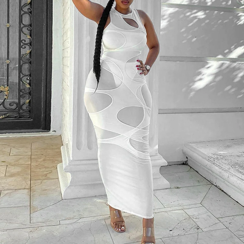 

Midnight Partywear Women Sexy See-Through Contrast Patchwork Mini Dress Bodycon Sleeveless Streetwear