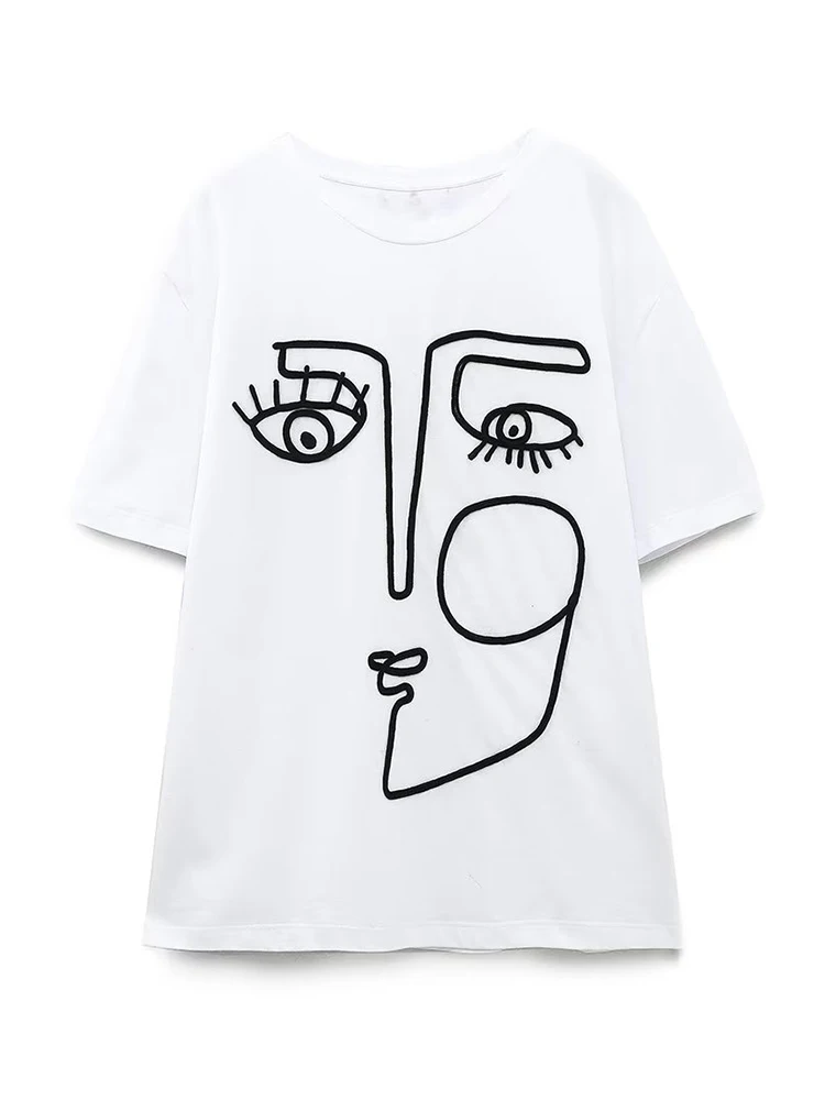 

Летняя женская белая футболка с вышивкой и круглым вырезом, женские хлопковые повседневные футболки с коротким рукавом, топы