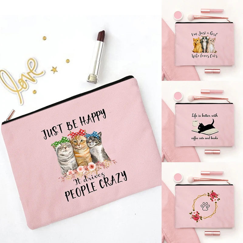 Coffee Cat and Books Pattern Cosmetic Kawaii Pouch Gifts for Cat Lover Book Enthusiasts Makeup Bags Make Up Bag Travel Organizer