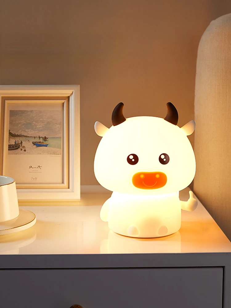 RGB LED Night Light Cute Cattle Cartoon Silicone Lamp Bedroom Bedside Lamp for Children Kids Baby Sleeping Gift Light