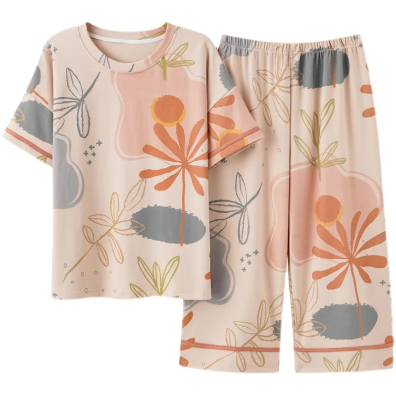 Pajamas Women Summer Cotton Explosive Fashion Simple Casual Home Wear Two-piece  with Round Neck Breathable and Soft Nightwear