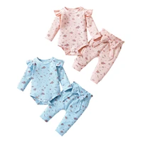 0 24m baby girls two piece clothes set floral printed pattern romper and elastic waist pants blue pink