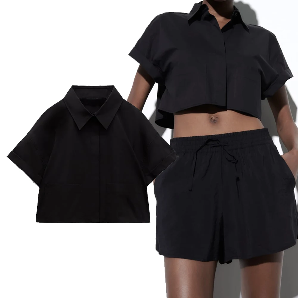 

TRAF Black Crop Top Women Short Sleeve Cropped Shirt Woman Fashion Loose Summer Blouses For Women 2023 Collared Button Up Shirt