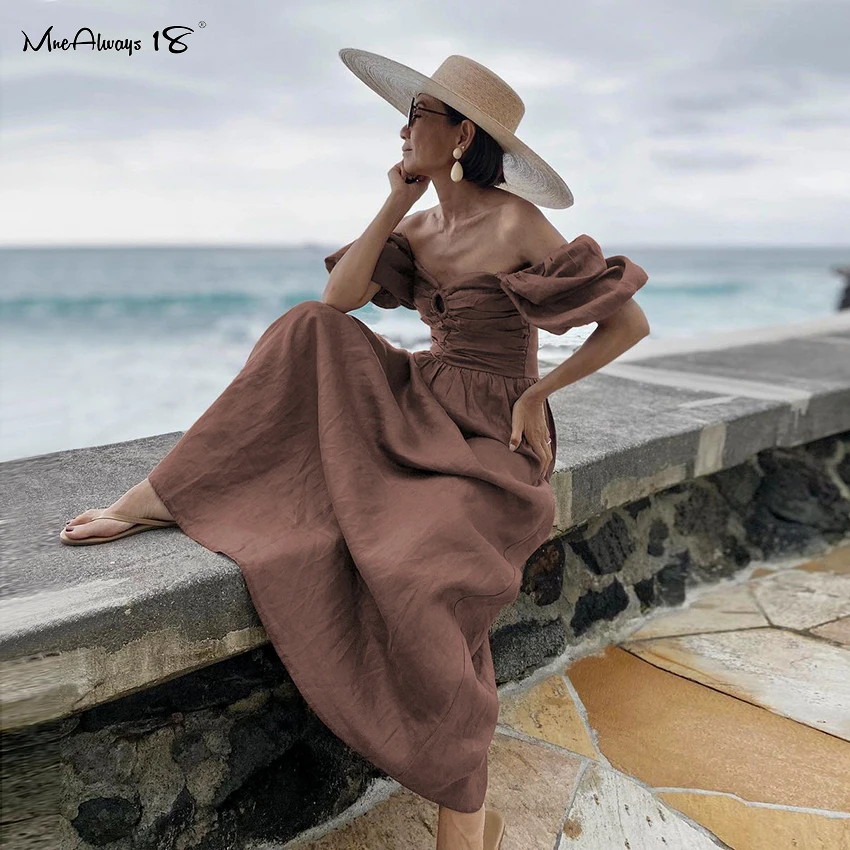 

Mnealways18 ажурное сексуальное хлопковое льняное платье Летнее женское длинное платье с пышными рукавами квадратный воротник с рюшами Высокая ...