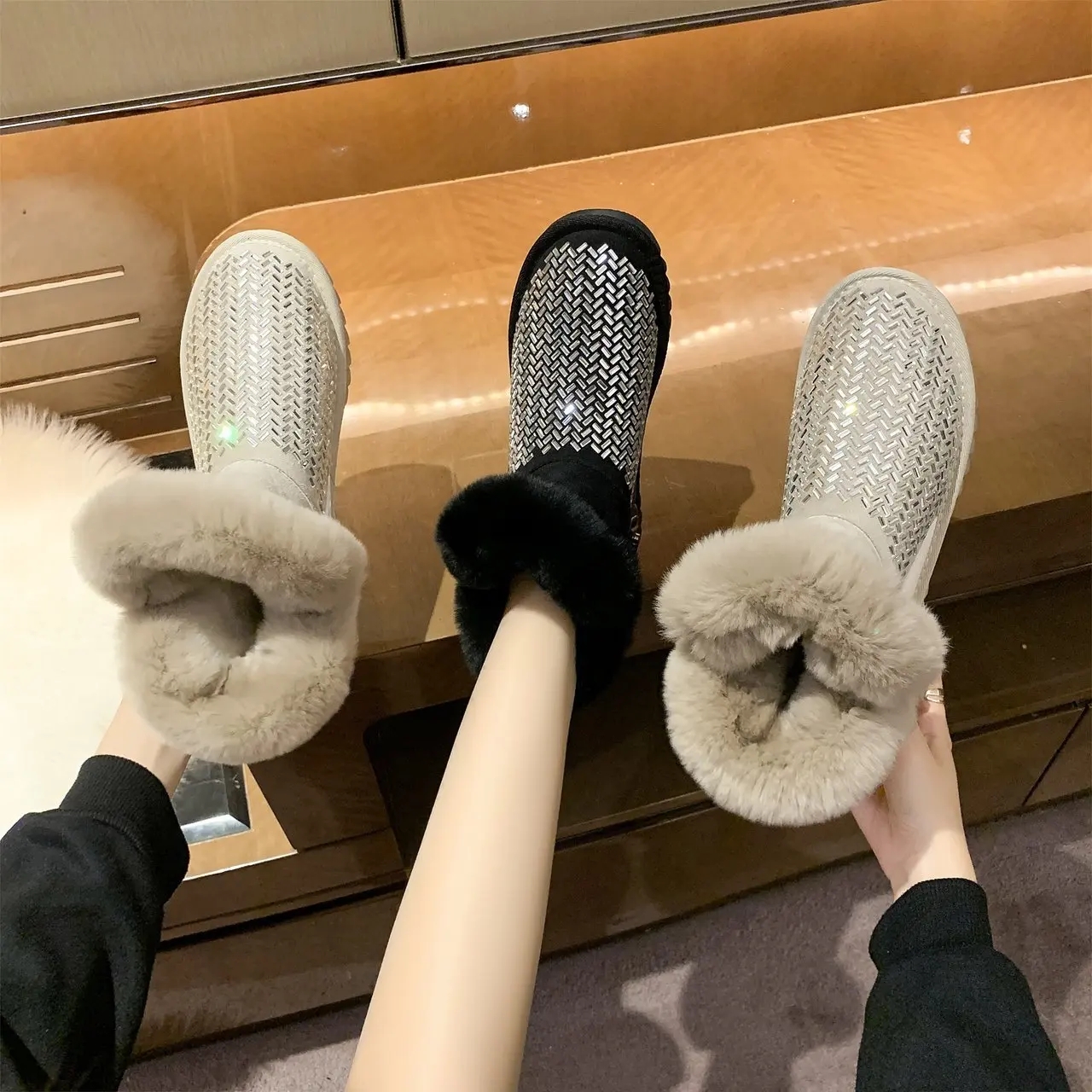 2022 New Winter Ankle Boot for Women Fashion Retro Strap Bling Shoes Short Woman Snow Booties Ladies Warm Plush Cotton Slippers