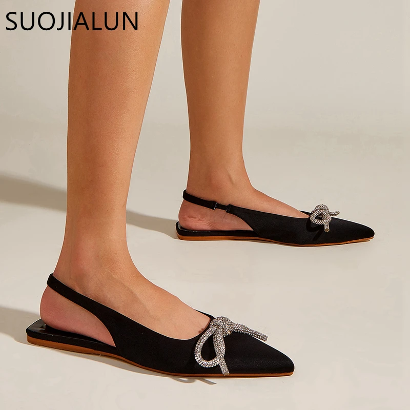 SUOJIALUN 2022 Summer New Fashion Crystal Bow-knot Women Sandal Flat Heel Pointed Toe Shallow Slip On Mules Dress Sandals Slides