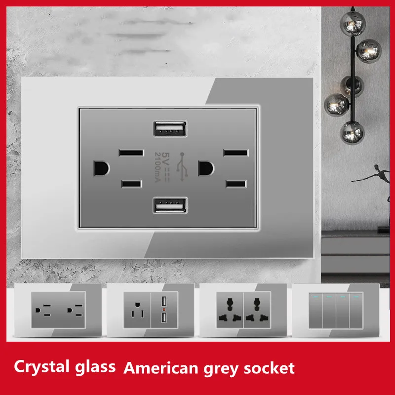 

Depoguye grey Crystal Glass USB Wall Charger US Plug, 5v 2.1A Cell Phone Socket, US Standard Wall Power socket,118mm*74mm