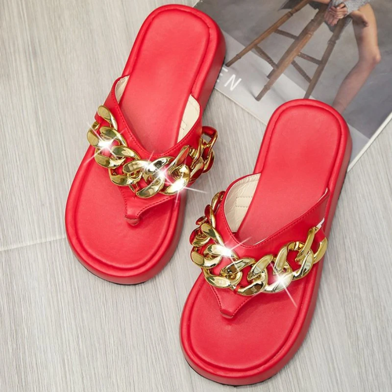 

Metal Chain Flip Flops Women Large Size Slippers Solid Color Sandals Outdoor Non-slip Comfort Beach Flat Shoes Chinelo Feminino