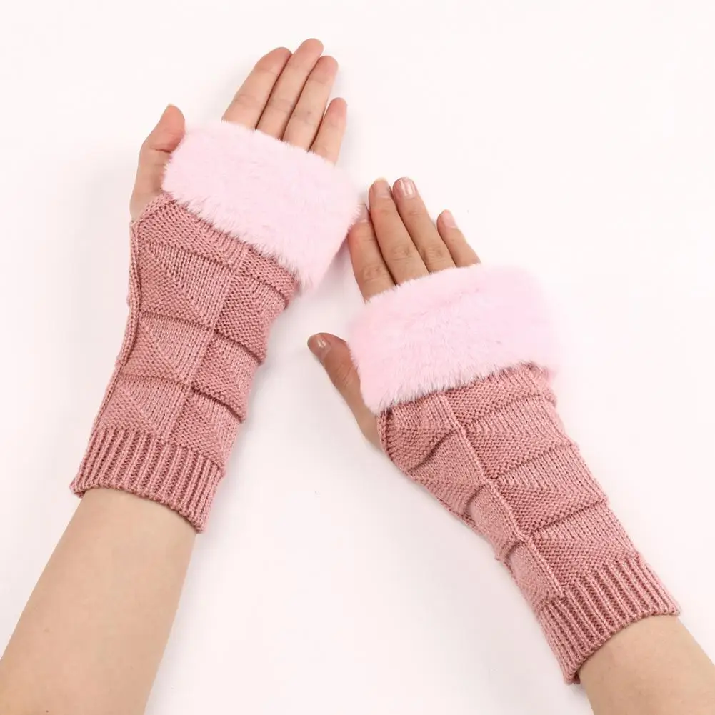 

1 Pair Trendy Women Mittens Half Finger Furry Opening Female Wrist Gloves Coldproof Stretch Fingerless Mittens