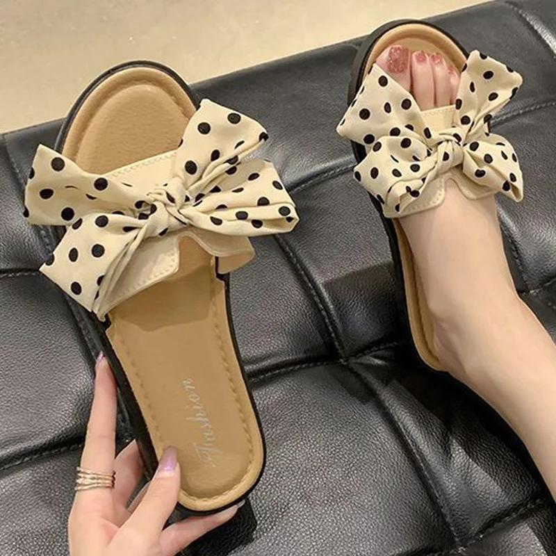 

2023 Women Shoes Summer Casual Slides Comfortable Slippers Bow-knot Polka Dots Flip Flops Platform Sandals Ladies Outdoor Shoes