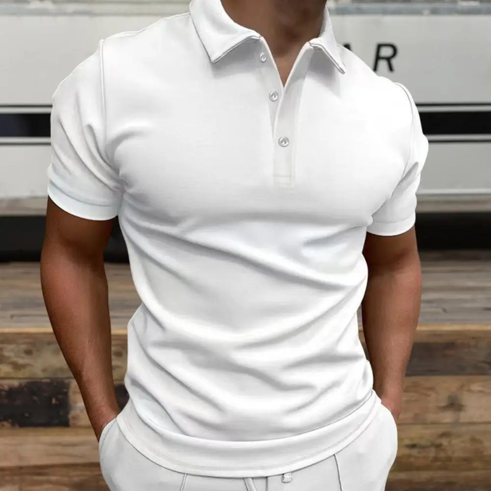 

Футболка мужская приталенная с отложным воротником, Однотонная рубашка на пуговицах, короткий рукав, деловой Топ, уличная одежда, лето
