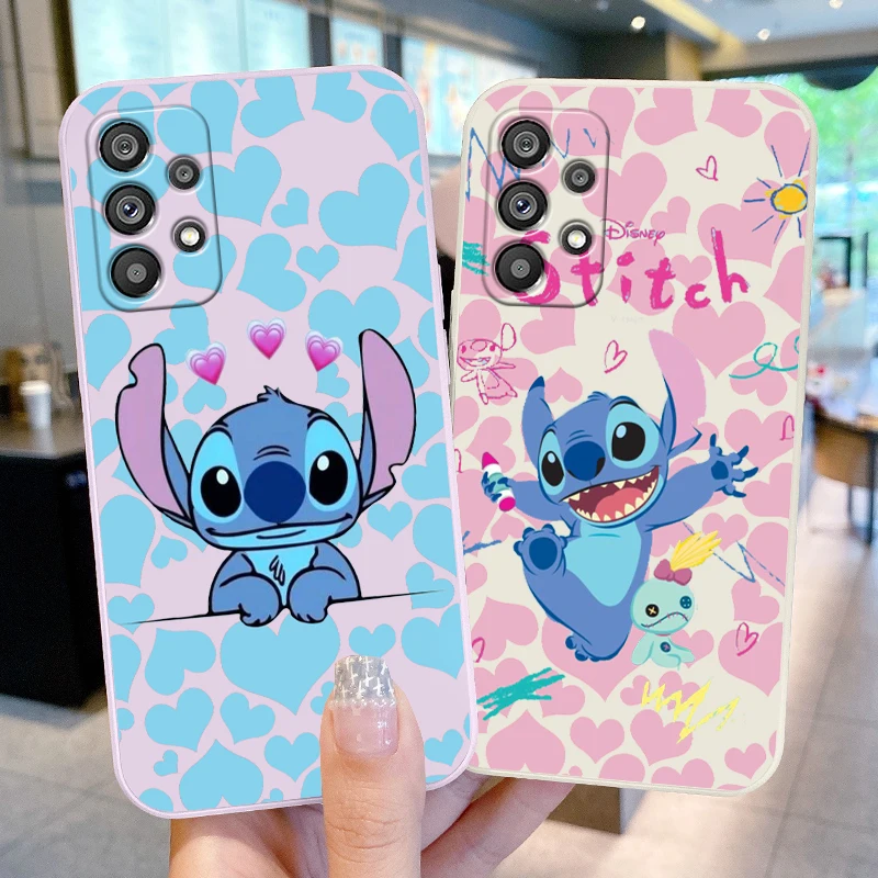 

Phone Case For Samsung Galaxy A73 A53 A33 A52 A32 A22 A71 A51 A21S A03S A50 5G Disney Stitch Love Cartoon Liquid Rope Cover