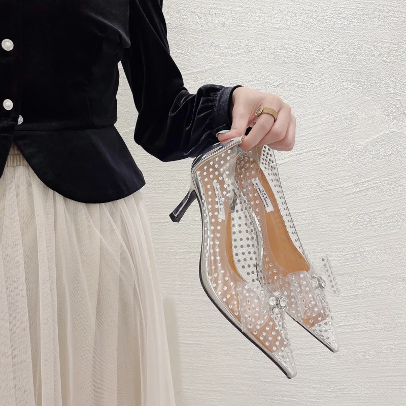 

European and American Stars Same Autumn New High-heeled Shoes Big Size 35-40 Bowknot Diamond Transparent Sexy Pumps