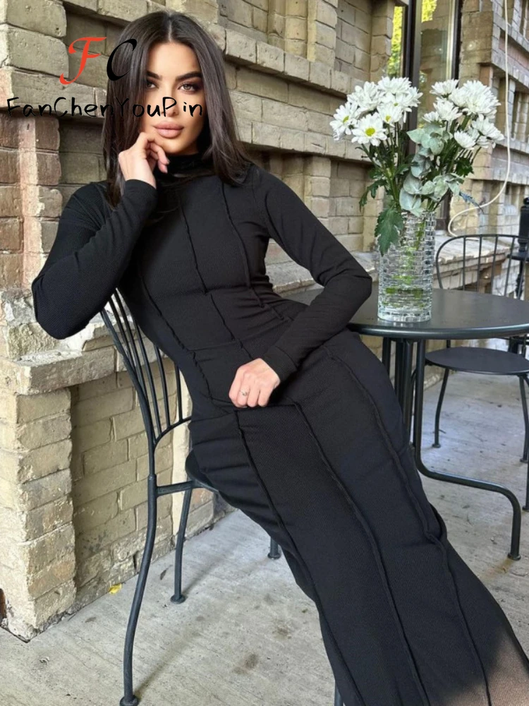 Женское платье весна-лето 2024 модное однотонное облегающее с длинным рукавом и