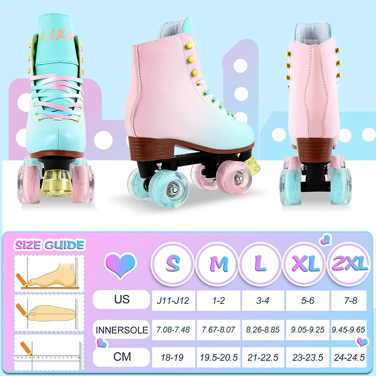 Роликовые коньки LIKU для девочек и женщин с подсветильник на всех колесах