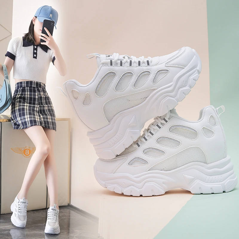 2023 New Women's White Thick Sports Shoes Vulcanized Shoes Couple Platform Running Sports Shoes Women's White Casual Shoes