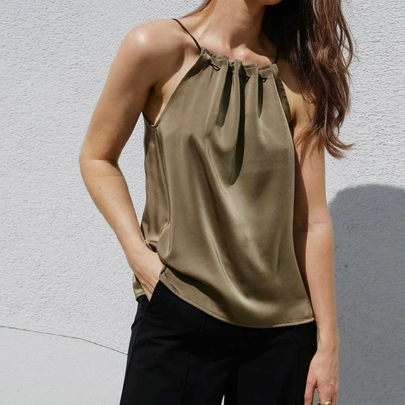 Sleeveless Halterneck Temperament Pleated Top Womens Camisole Loose Satin Sexy Halter Top Women Retro Green Strapless Camisole