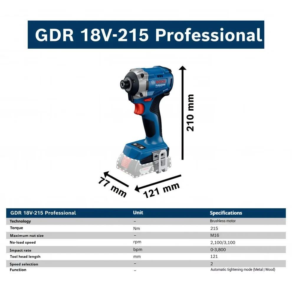 Фото Аккумуляторный бесщеточный ударный шуруповерт Bosch GDR 18V-215 для тяжелых работ, с высоким крутящим моментом, профессиональный электроинструмент №2