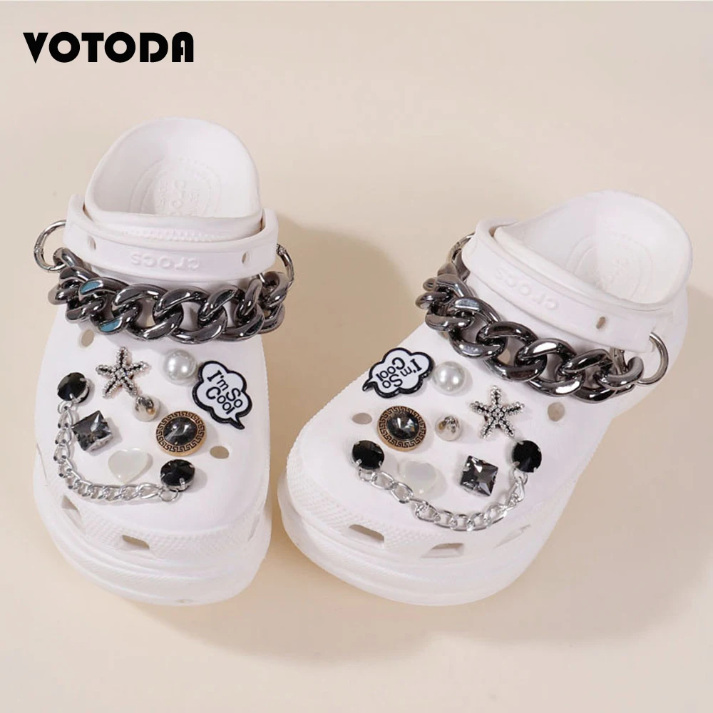 New Brand Shoes Charms Designer Croc Charms Set Metal Black Chain Starfish Rhinestone Girl Gift Glow Clog Decaration Accessories