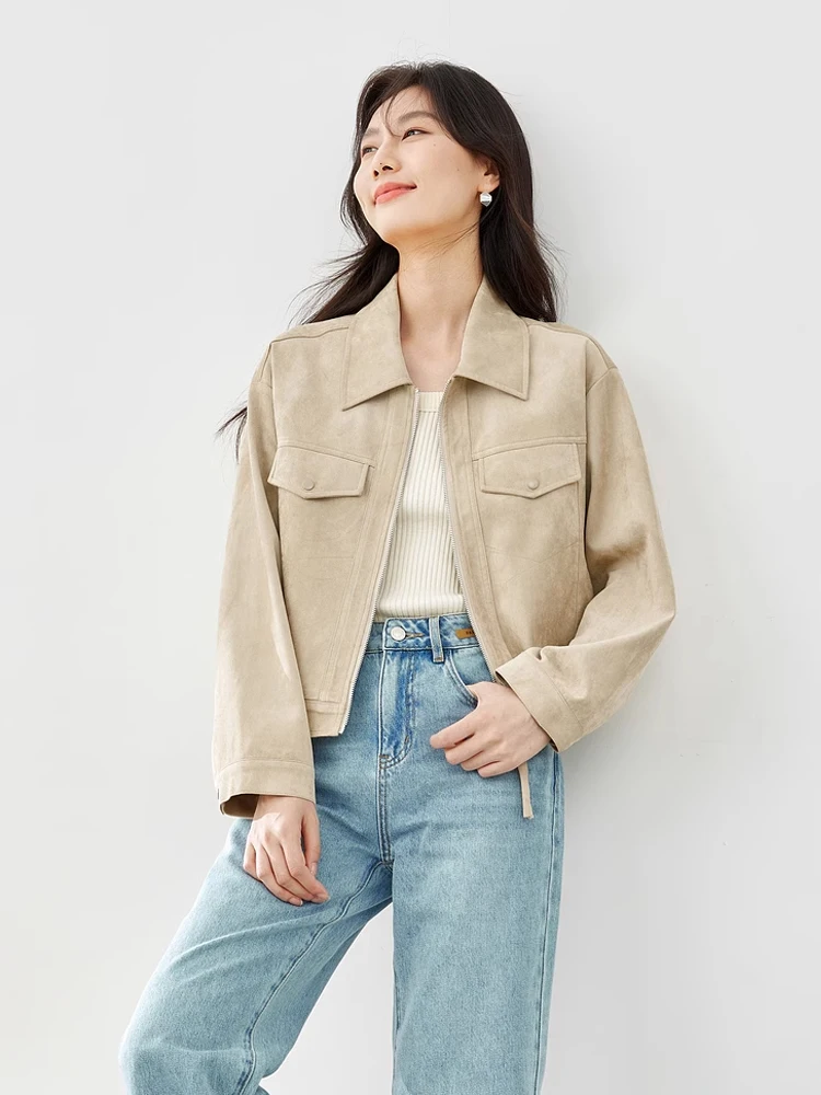 Куртка женская из искусственной кожи на молнии с длинным рукавом