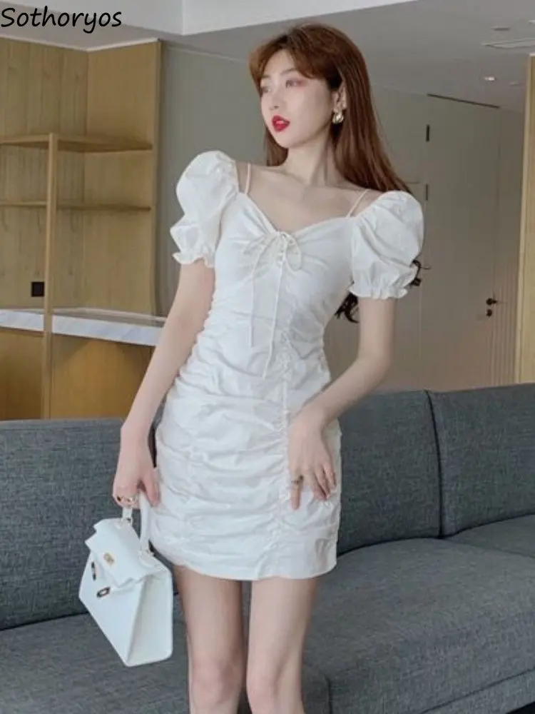

Dresses Women Slim Sexy Simple Solid Ladies Fashion All-match Elegant Puff Sleeve Summer Casual Shirring Design Folds Stylish