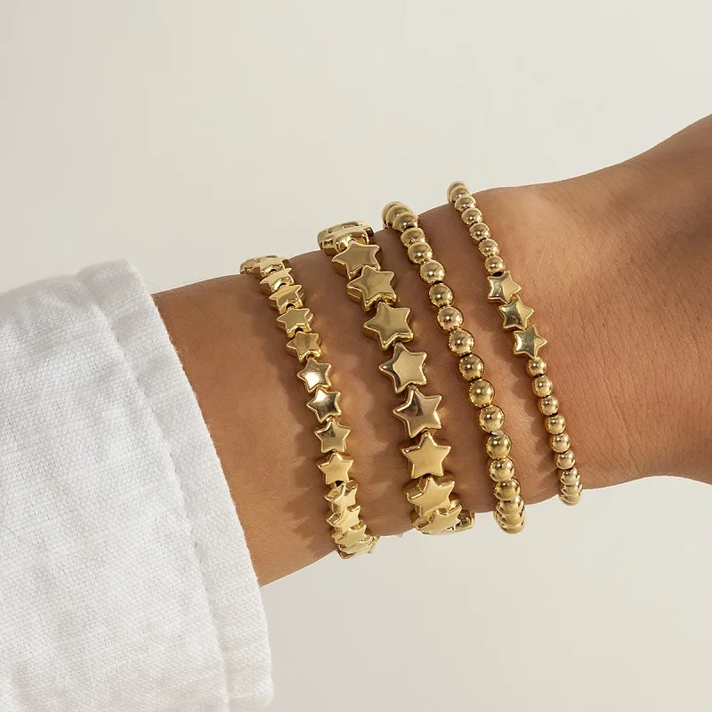 

2022 Fashion Elastic Star Bracelet For Women Gold Color Statement Round Multilayer Beaded Chain Bracelet Jewelry 4pc
