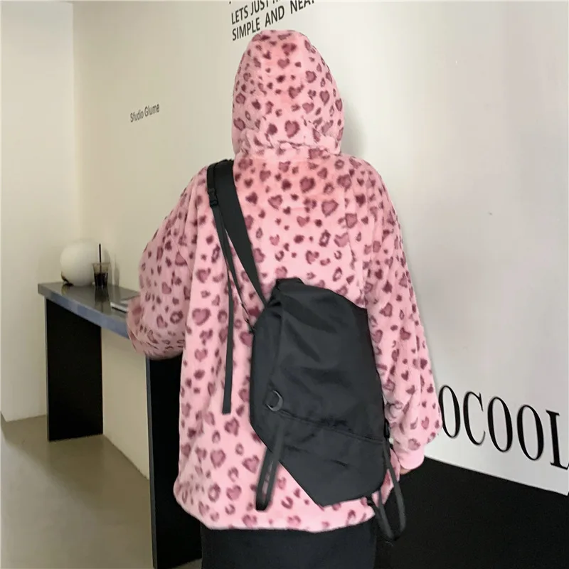 Women's Pink Leopard Print Stand-up Collar Sweater Faux Plush Hooded Cardigan Zipper Coat Animal Print Top Female Student New