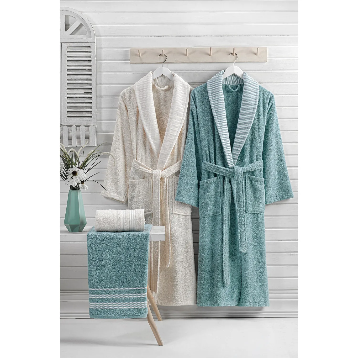 Özenev Royal 4 Piece Family Robe Set Cotton Soft Plaids Luxury Geometric Cream Water Green Quality Elegant Designed Comfortable Form