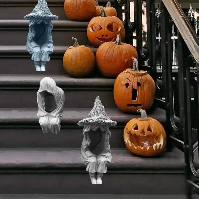 

Outdoor Witch Statue Spooky Ghost Sitting Sculpture Solar Energy Lamp Realistic Decoration Supplies For Garden Stairs Parties