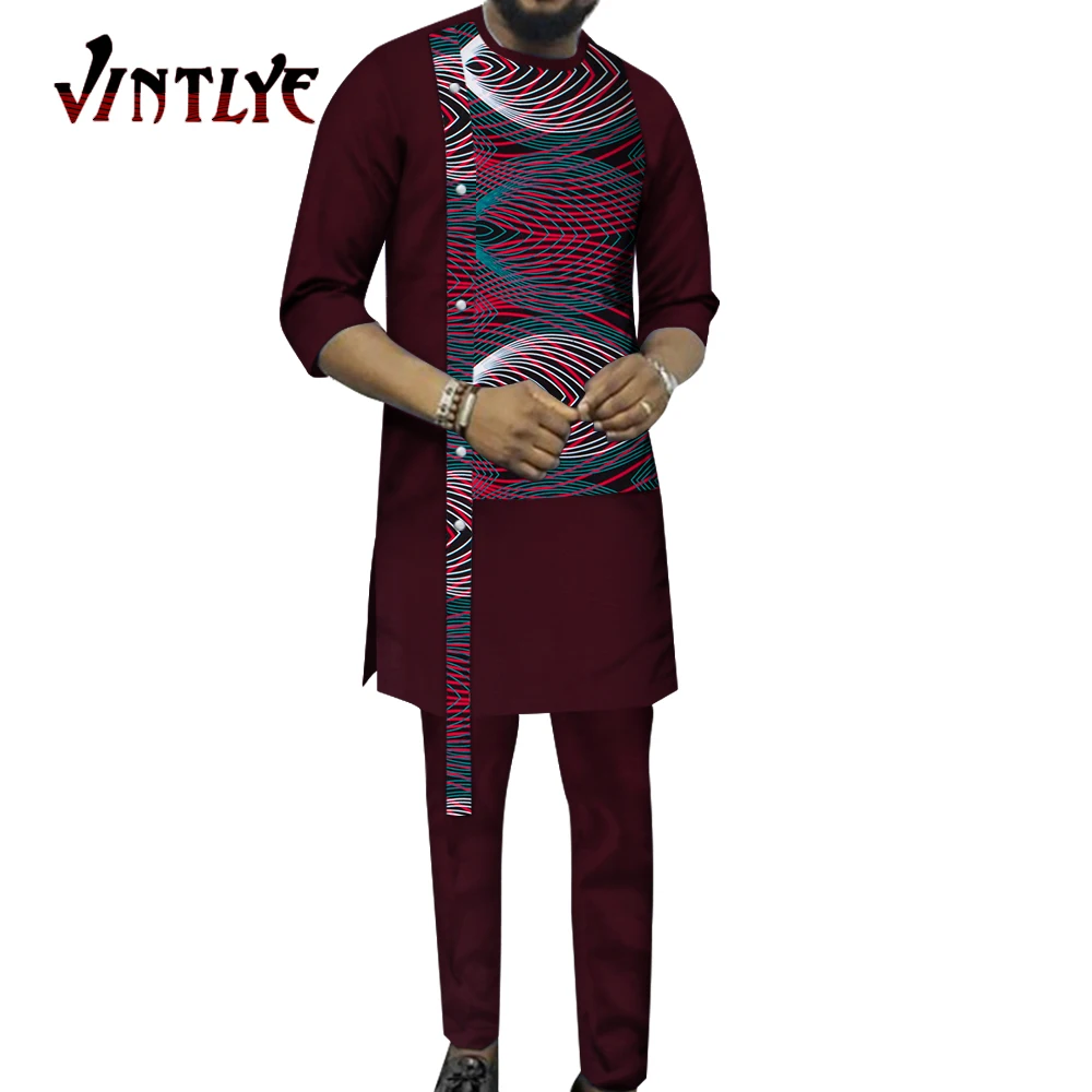 Bazin Riche African Clothes for Men 2 Pcs Set Hip Hop Long Sleeve Shirt and Pant Dashiki African Traditonal Men Outfit WYN1197