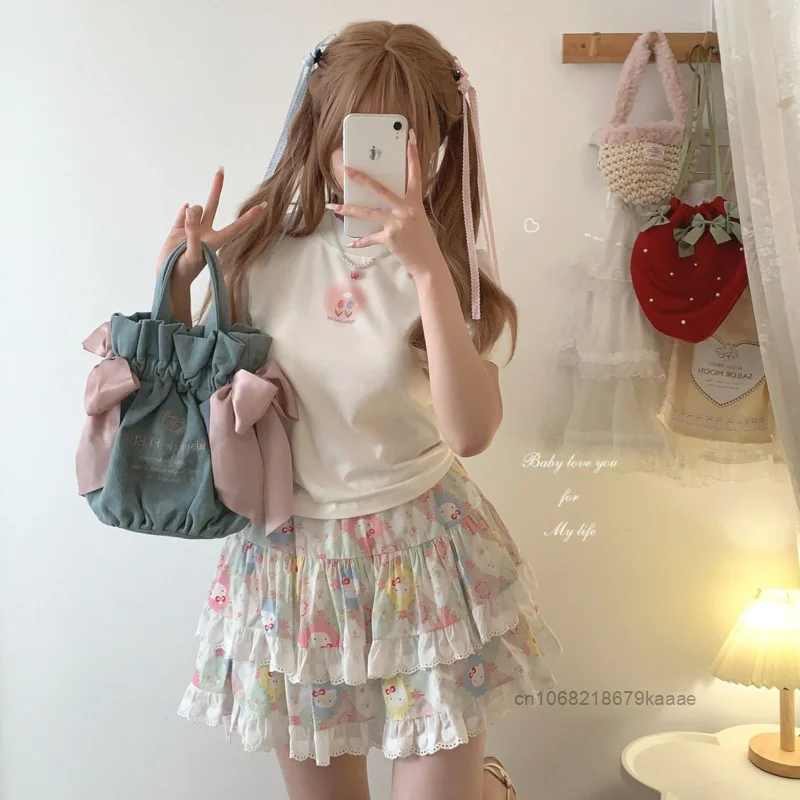 Женская милая пушистая юбка с мультяшным рисунком Y2k мягкая кружевная Короткая