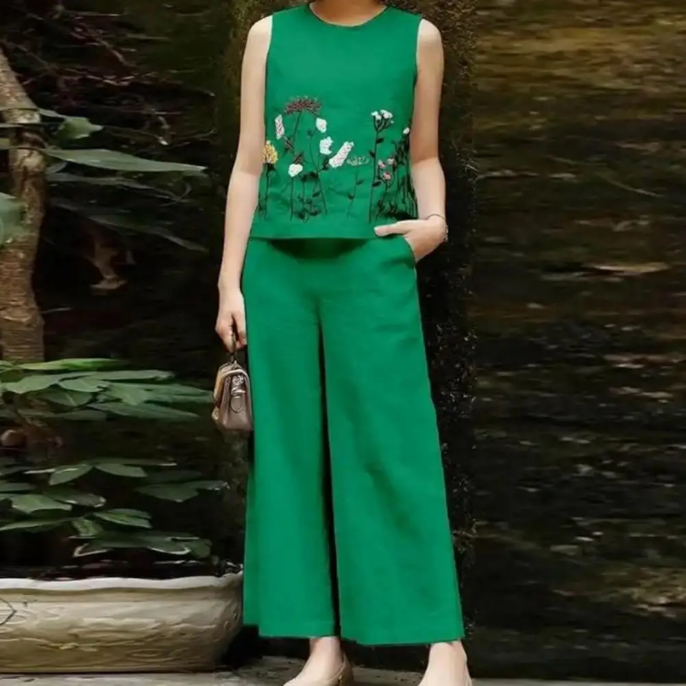 Женский комплект из жилета и брюк летний топ брюки без рукавов с круглым вырезом