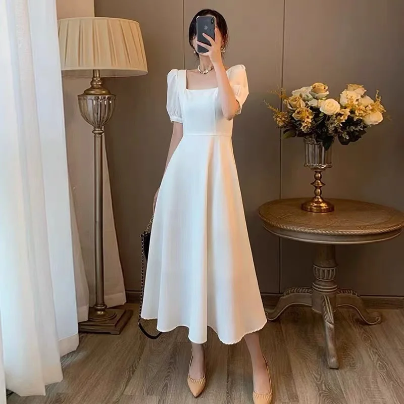 

White Square Neck Dress Women's Summer 2023 New French Waist Closure Shows Thin Temperament Hepburn Style Long Dress