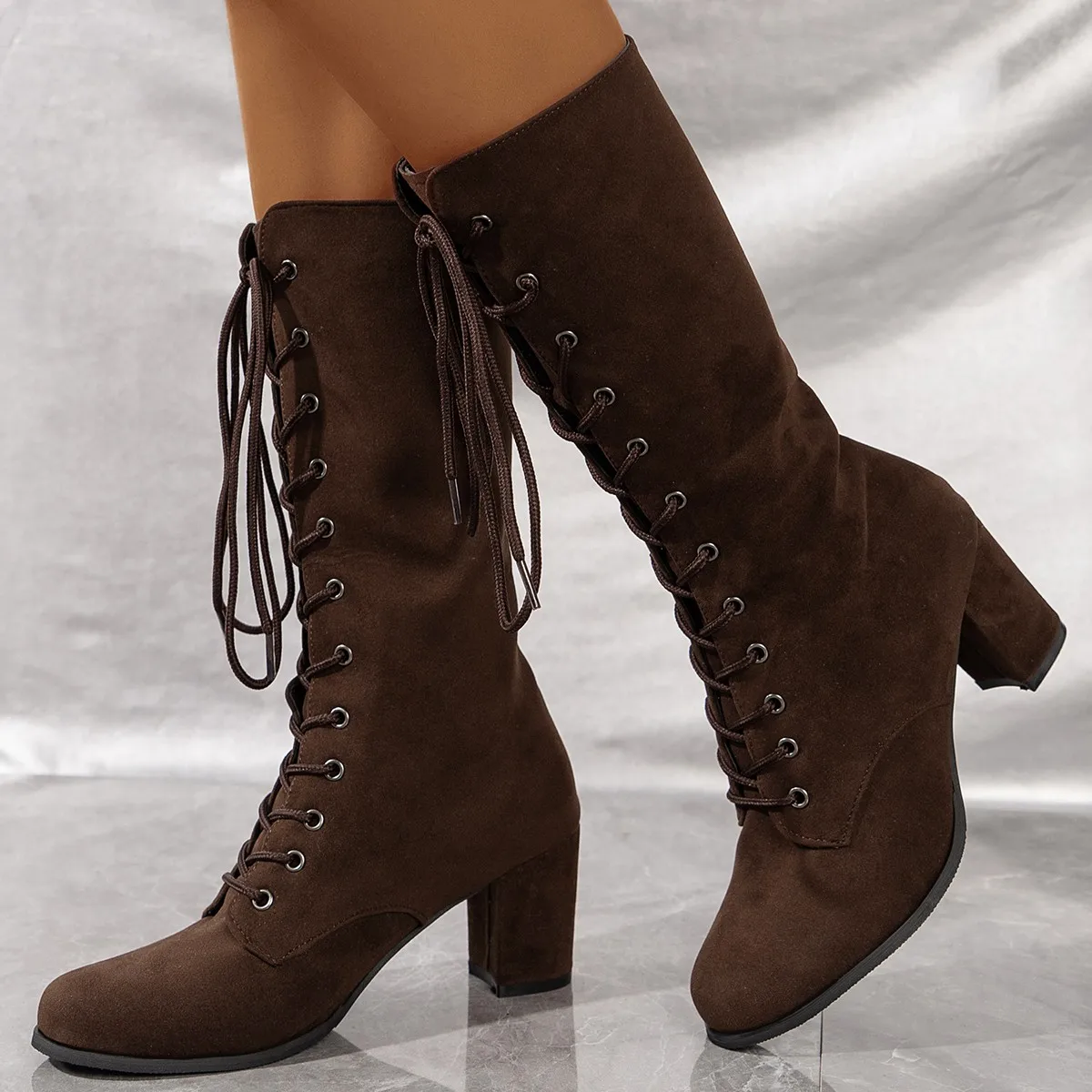 

Autumn and Winter New Sexy Lace-up Round Head Knee-high Heel Long Warm Women's Boots Tall Women's Boots Plus Size 43