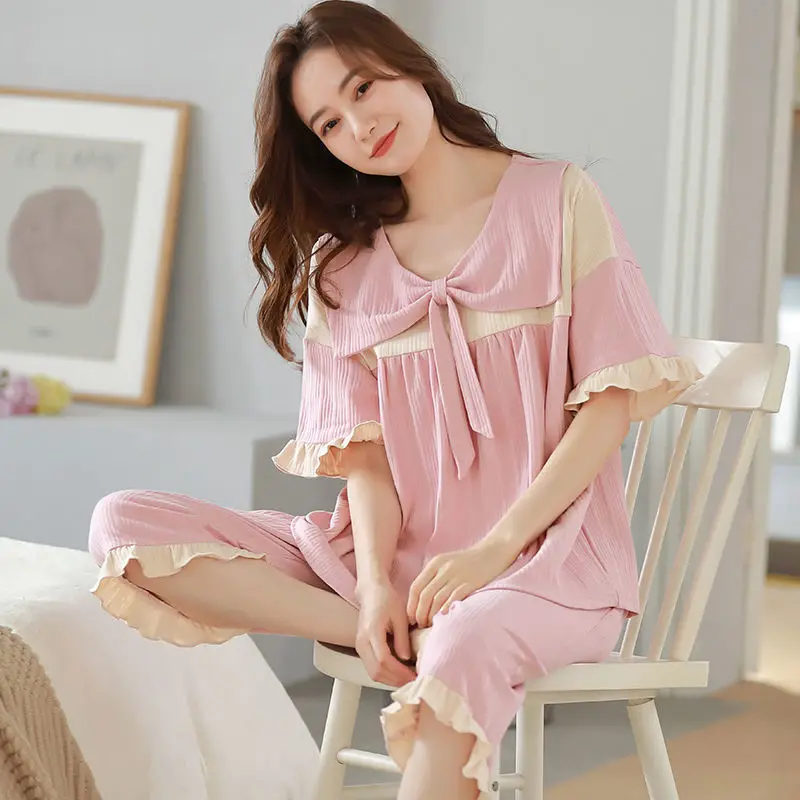 Summer Knitted Cotton Clouds Printing Two Piece Short Sleeved Women Pajamas Sets Pyjamas Ladies Sleepwear Cute Cartoon Pijamas
