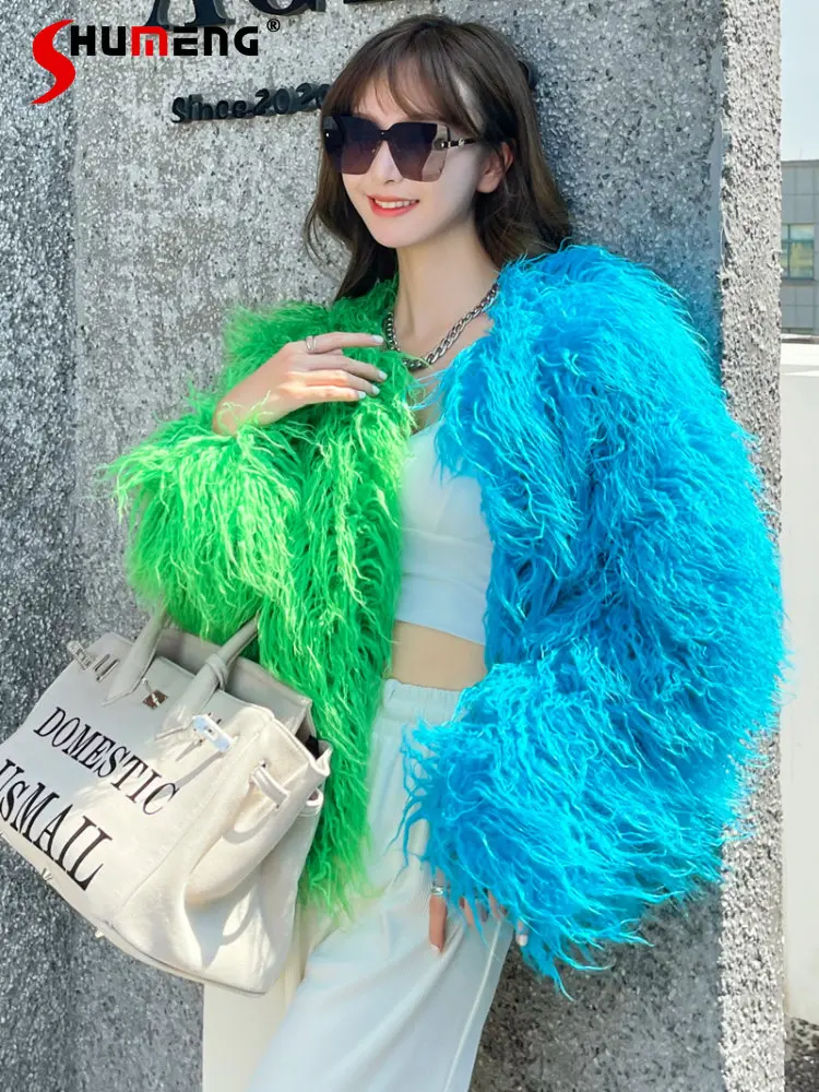 Winter Contrast Color Patchwork Furry Coat Women Korean Style Environmentally Friendly Fur Blue Beach Wool Green Faux Fur Jacket