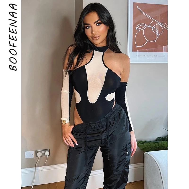 

BOOFEENAA 2022 Fashion Women Cutout Bodysuit Sexy Colorblock Off Shoulder Long Sleeve Tops Streetwear Festival Clothing C82-CZ14