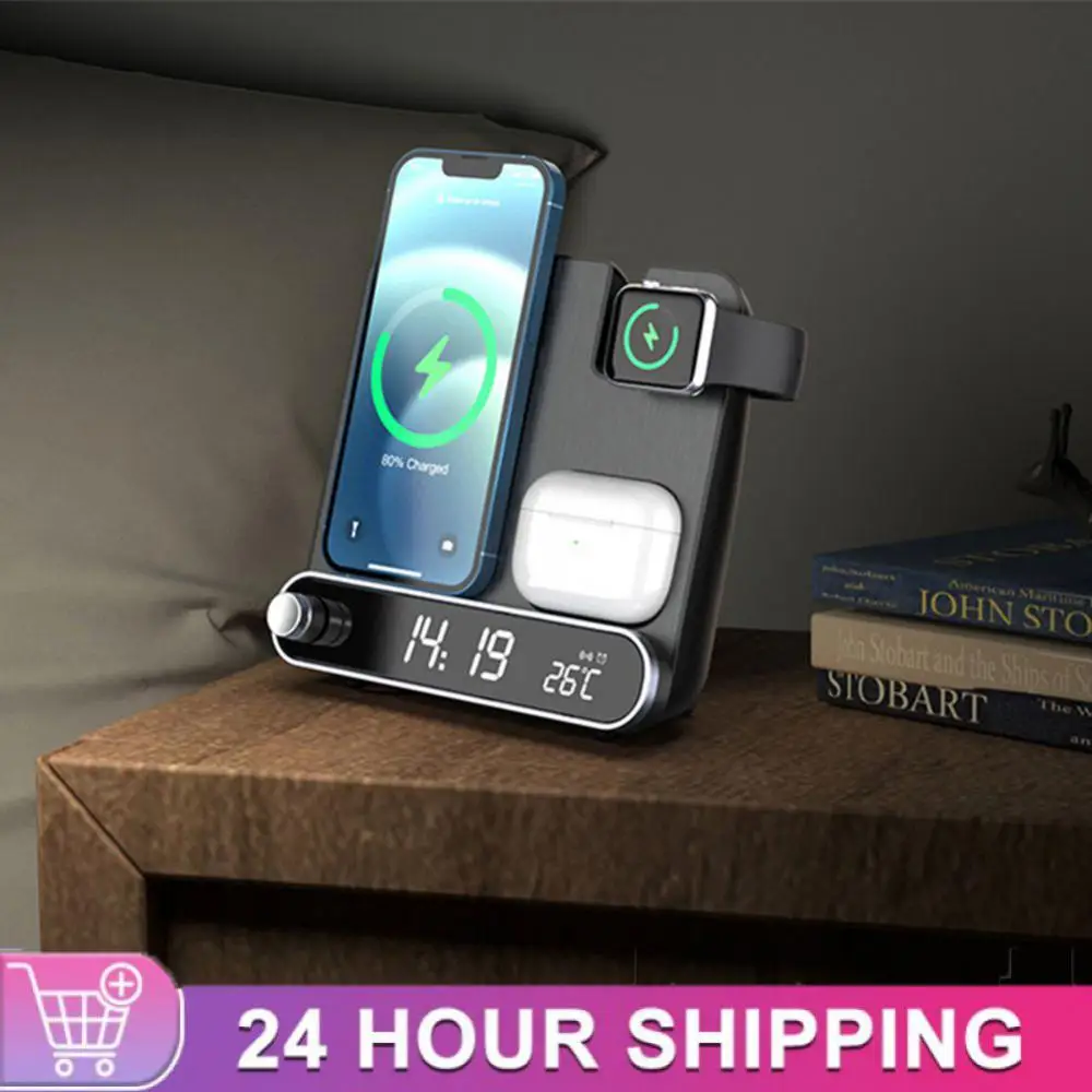 

Smartphone Desk Holder Universal Watch Earphone Desktop Phone Stand Wireless Fast Charging Alarm Clock Charger Stand Thermometer