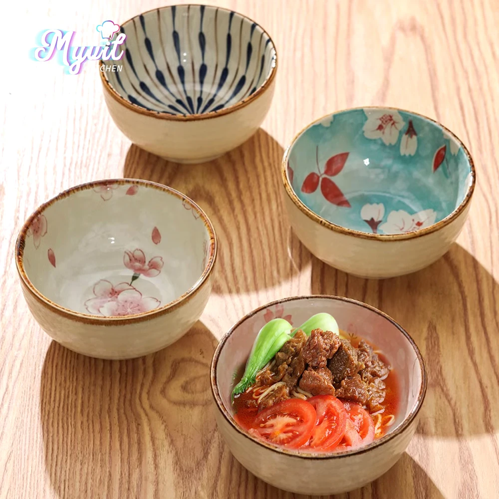 Japanese Style Cherry Blossom Ceramic Bowls Set Rice Snacks Sauces Bowl Kawaii Tableware Kitchen