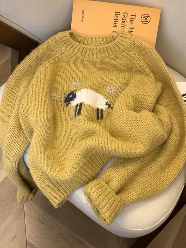 Модный простой классический вязаный свитер винтажный с круглым вырезом и