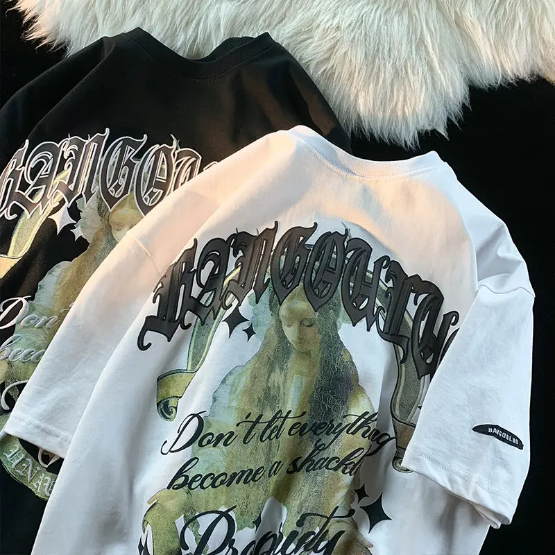 

American Niche Design Fun Graffiti Print Short Sleeve T-shirt for Men and Women Summer Loose Casual Couple Top Y2K Clothes Ins