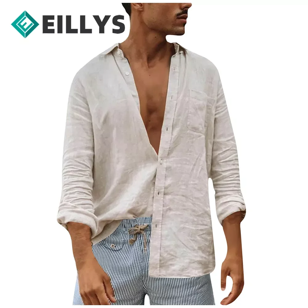 

Футболка мужская с длинным рукавом, хлопково-льняная рубашка с отложным воротником, Свободный Топ, пляжный стиль, гавайская одежда