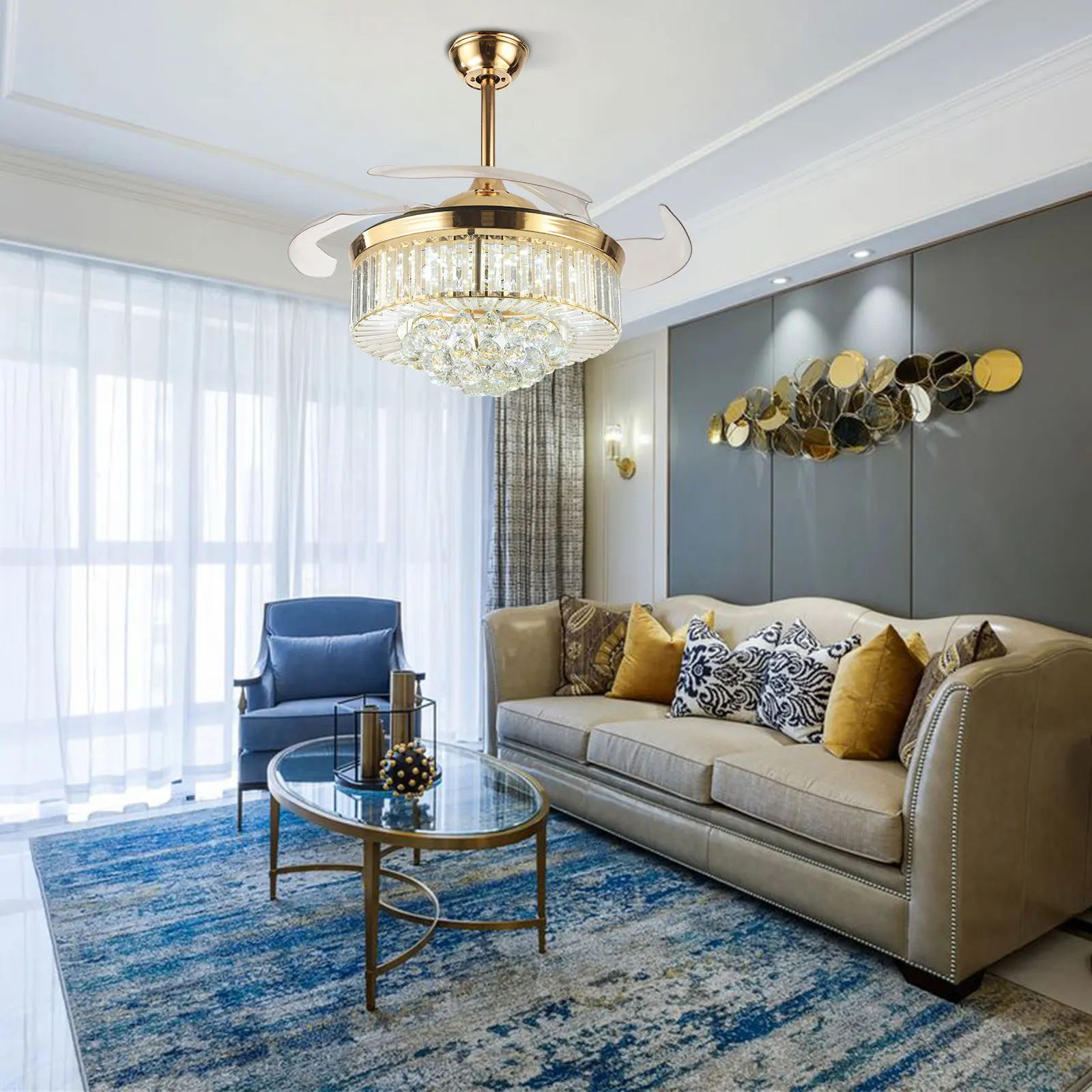 

Modern Dimmable Fandelier Crystal Ceiling Fan with Lights and Remote Invisible Retractable Chandelier Fan Light LED Lighting 42"